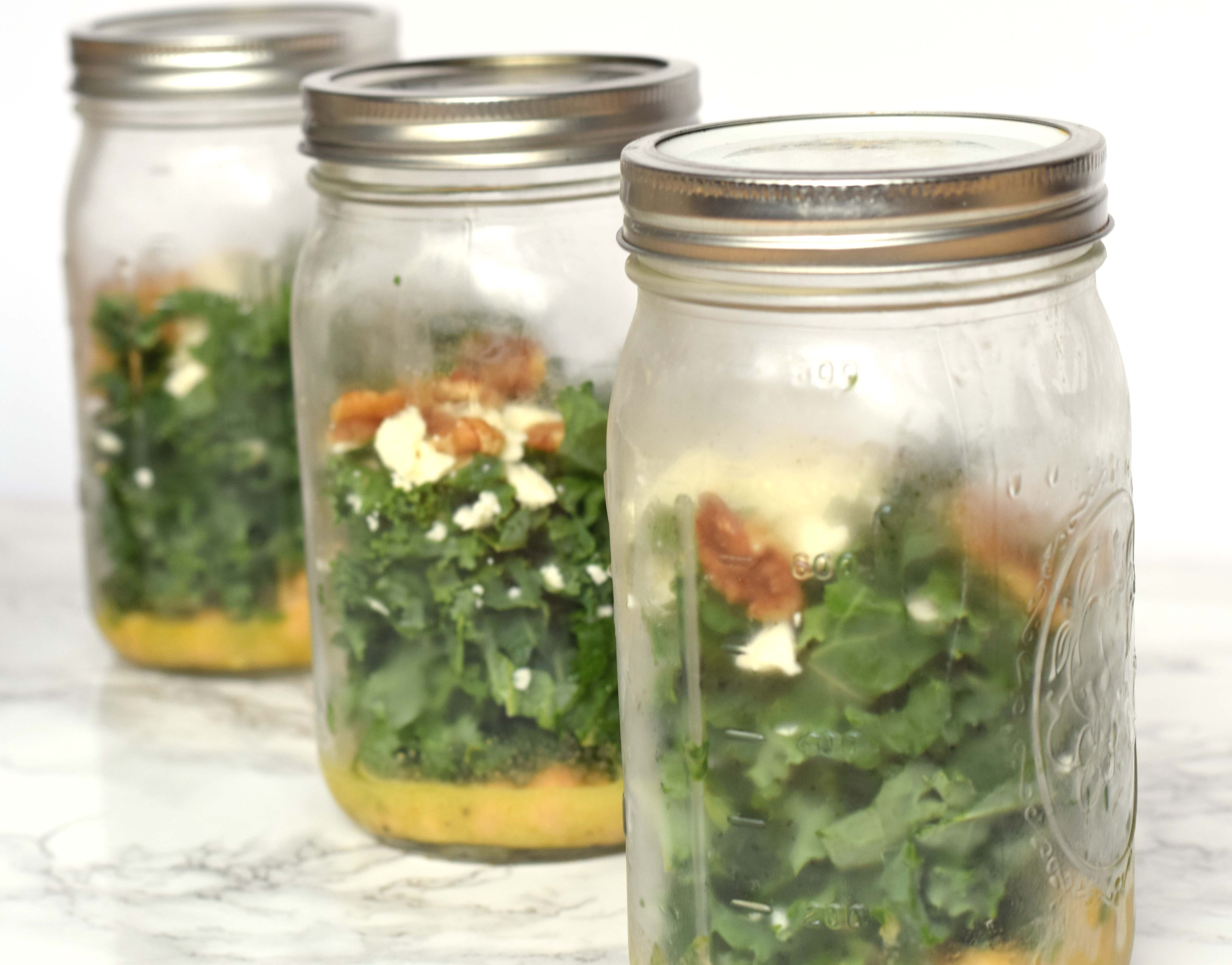 Kale Feta Meal Prep Mason Jar Salad - Cooking With a Full Plate