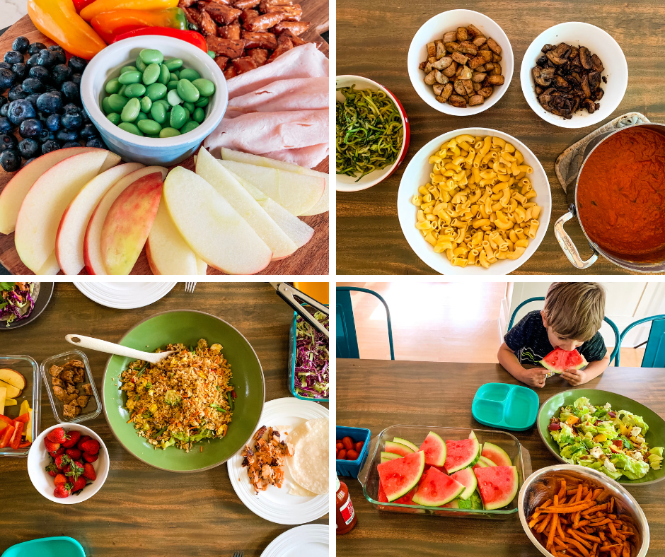 Photo with examples of family style dinners that we use for feeding kids
